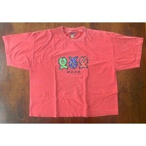 Vintage 90s Maine Fish Cropped T Shirt Salmon Pink Oceanfront Sz Large